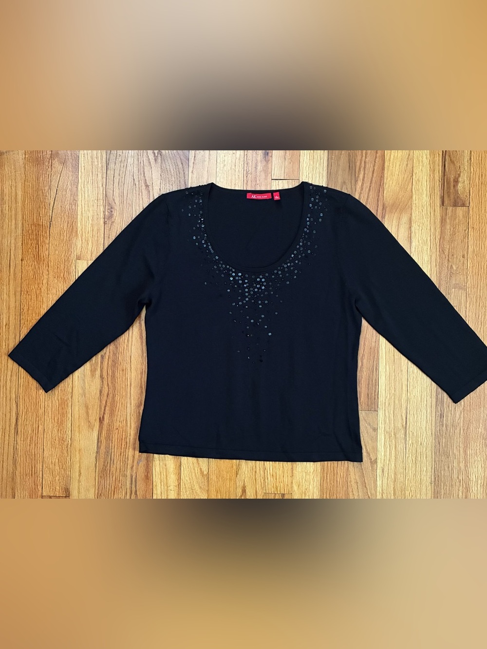 Anne Klein Black 3/4 Sleeve Scoop Neck Sequin Embellished Top Women’s Size L